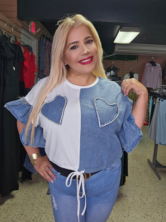 Denim Rhinestone Heart Shirt